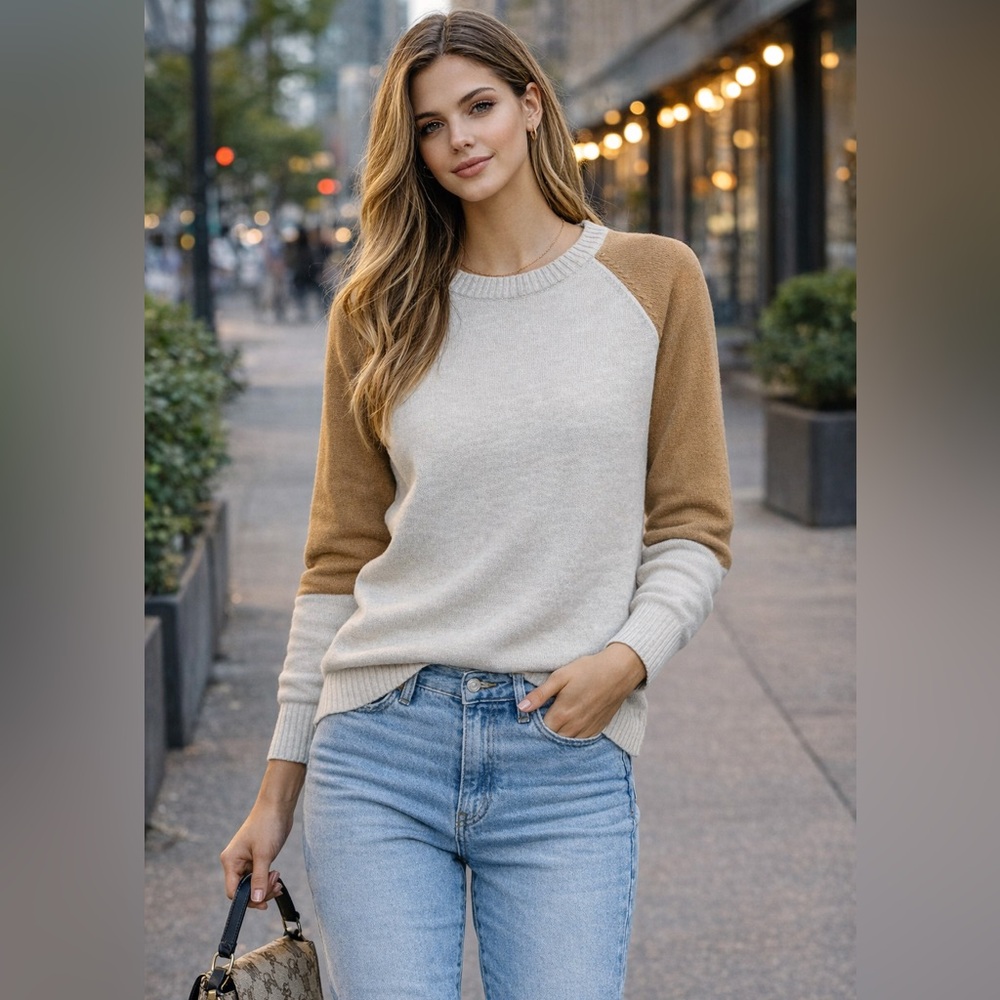 ✨ French Connection Color Block Crewneck Sweater Cream Tan Sz L Clean Minimal ✨